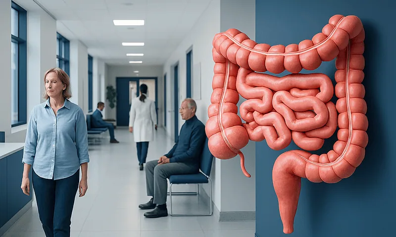 Large intestine illustration in hospital corridor with patients and staff.