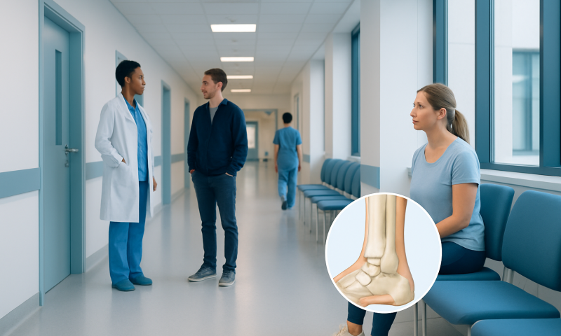 Medical consultation in hospital corridor with ankle injury illustration.