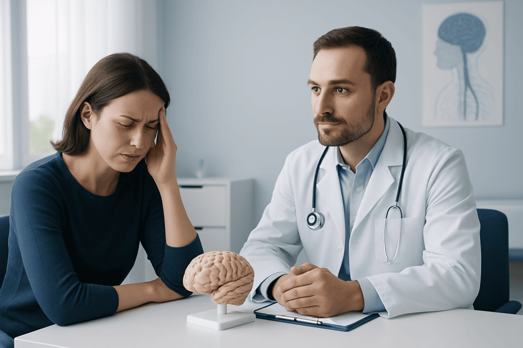 Doctor consulting with a woman patient about neurological health.
