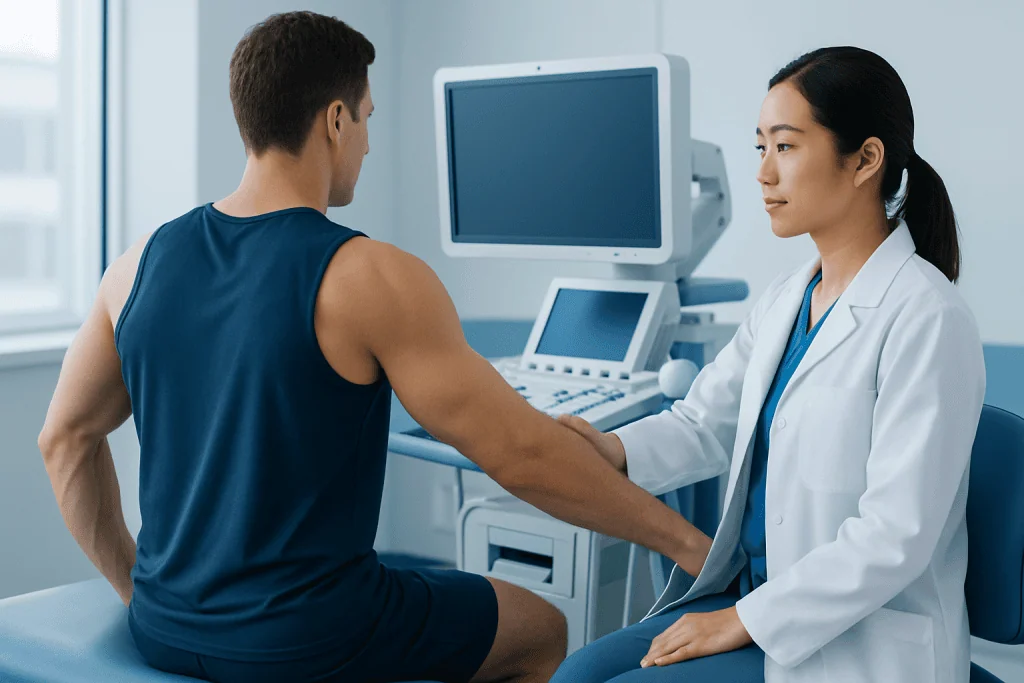 Doctor examining a male patient in a medical office setting.