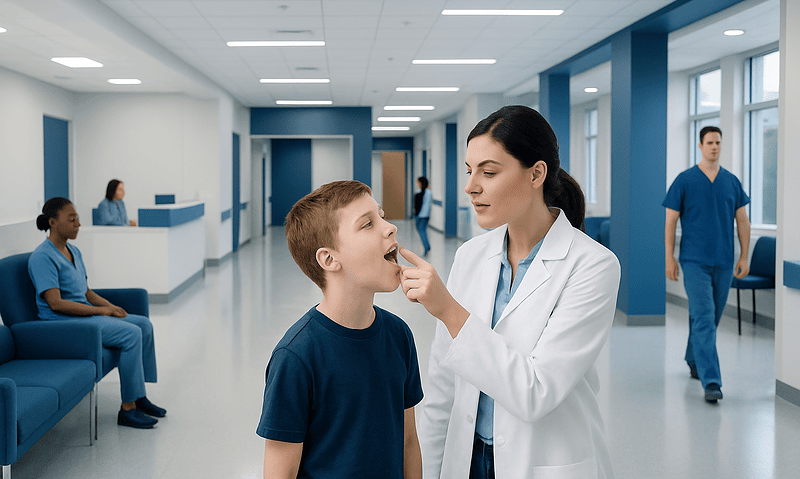 Pediatric doctor examines child's tongue in hospital corridor.
