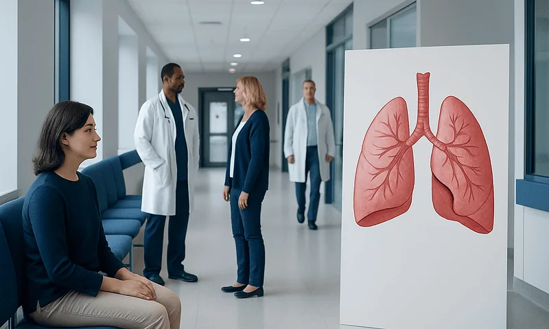 Medical professionals discussing lung health in a hospital corridor.