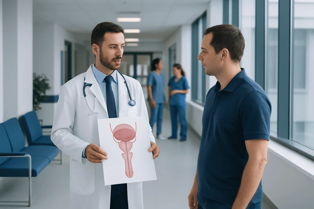 Male Reproductive System — Explained by Medical Evidence, Not Myths 1 Doctor explaining male reproductive system to patient in hospital corridor.