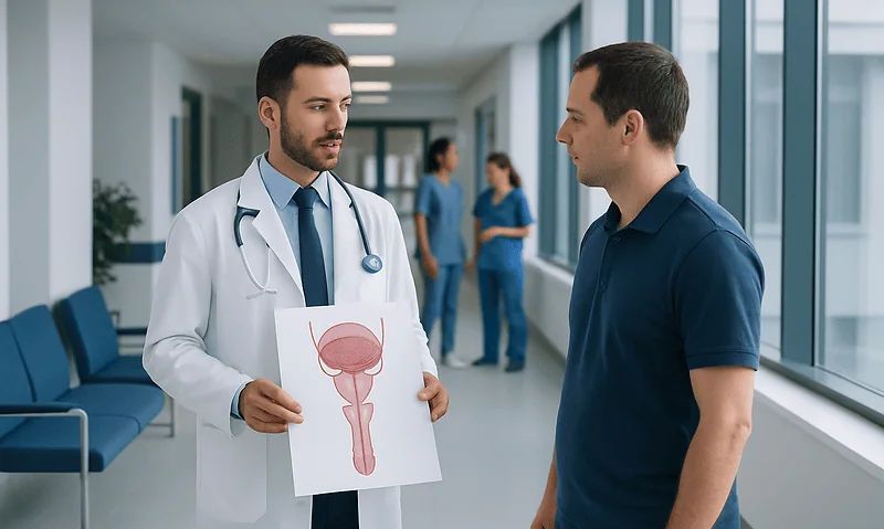 Doctor explaining male reproductive system to patient in hospital corridor.