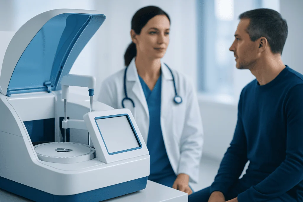 Medical professional explains blood test results to patient in clinic.