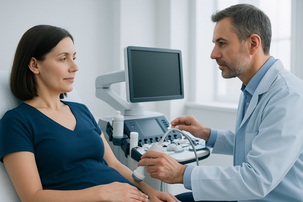 Doctor performing a blood test on a female patient in a clinical setting.