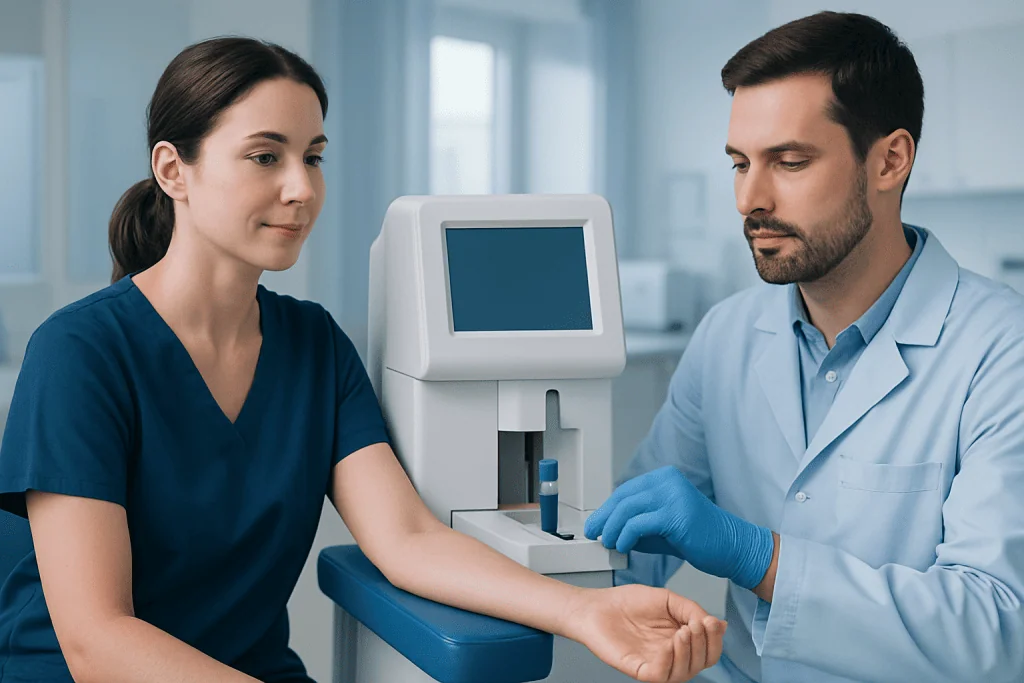 Medical professional drawing blood for cholesterol testing at Acibadem Hospital.