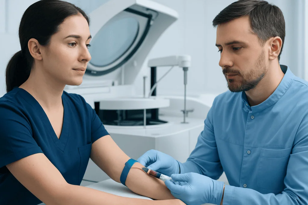 Medical professional drawing blood for HDL cholesterol test from patient.