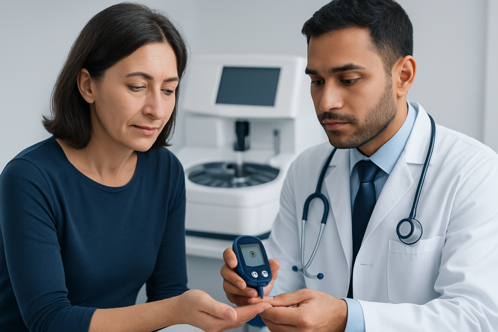 Doctor checking blood glucose monitor for patient at clinic.