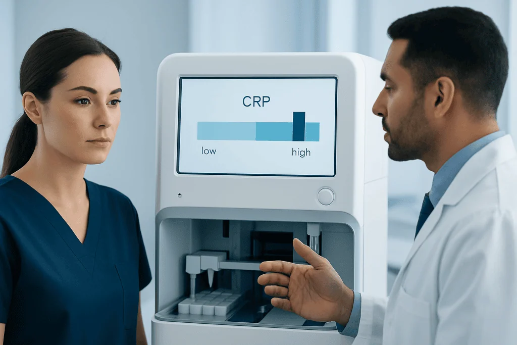 Medical professional explains CRP blood test results to a patient.