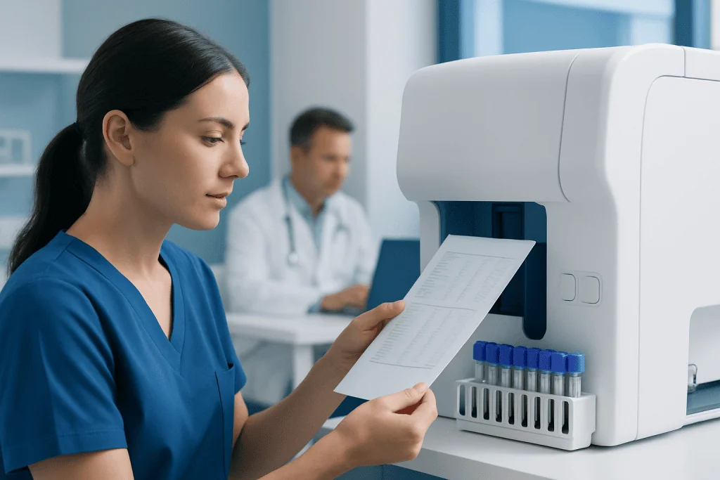 Laboratory technician preparing blood test sample with automated analyzer.