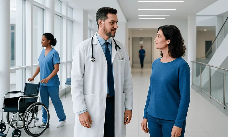 Doctor talking to patient in hospital corridor with nurse in background.