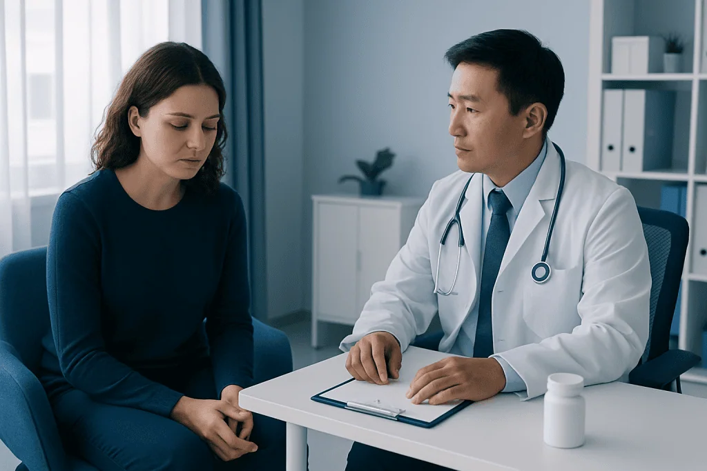 Doctor consulting a patient about health concerns in a modern clinic.