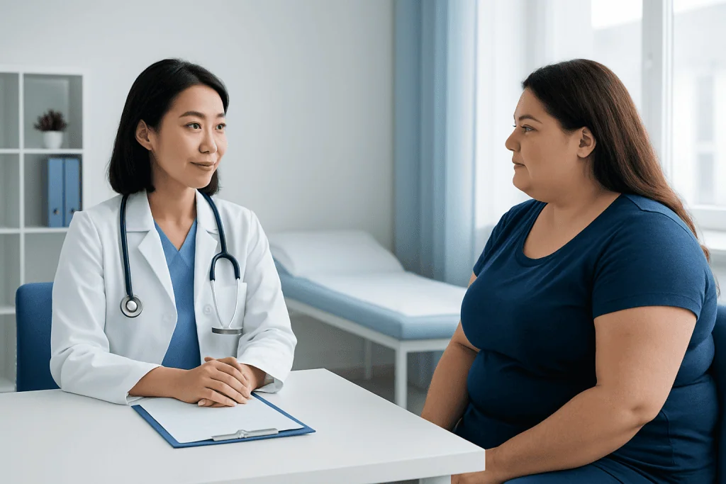 Doctor consulting a patient about weight management in a clinical setting.