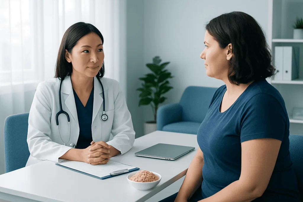 Doctor consulting a patient in a modern clinic setting.