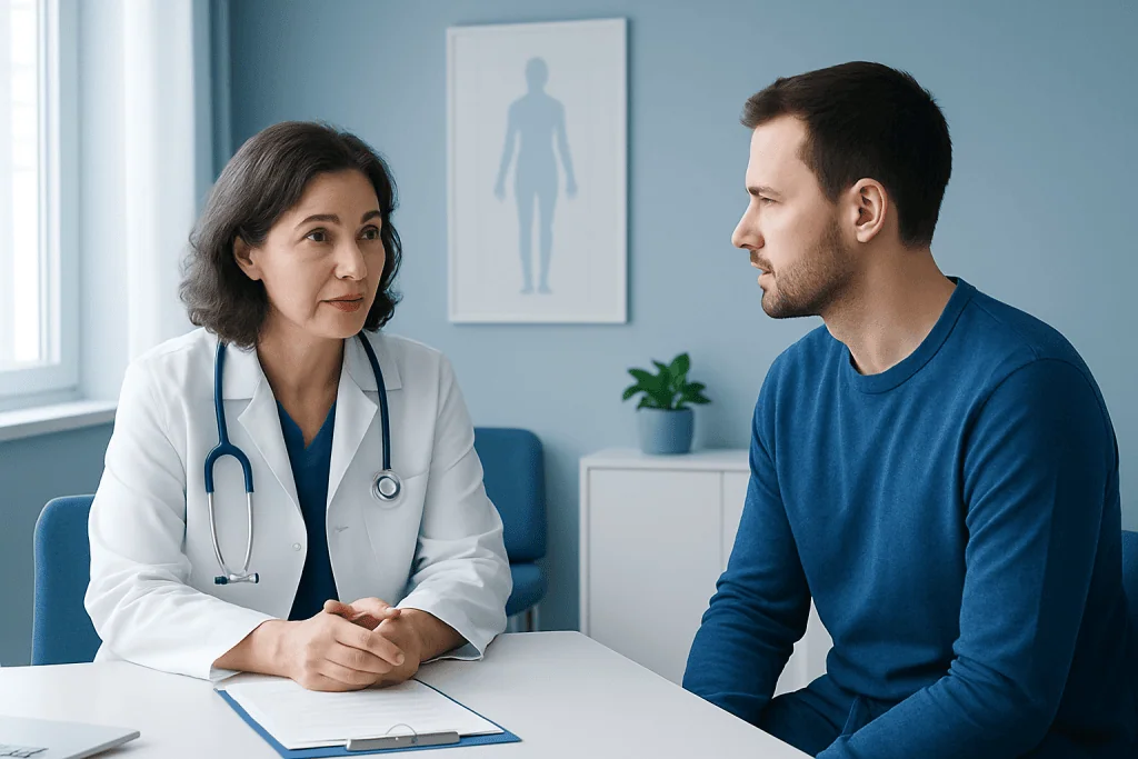 Doctor consulting with a male patient in a medical office.