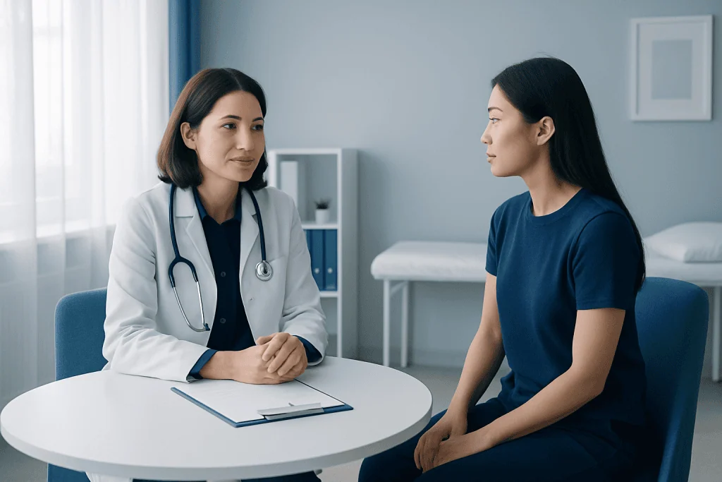 Doctor consulting a patient in a modern hospital room.