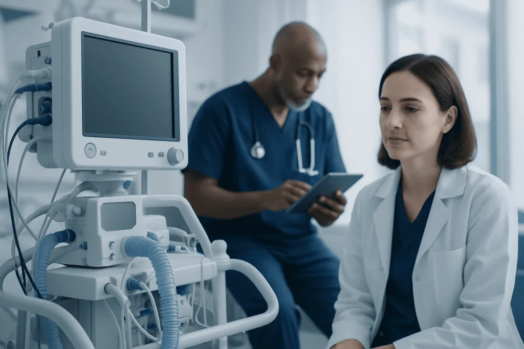 Medical professionals in a hospital room with ventilator equipment.