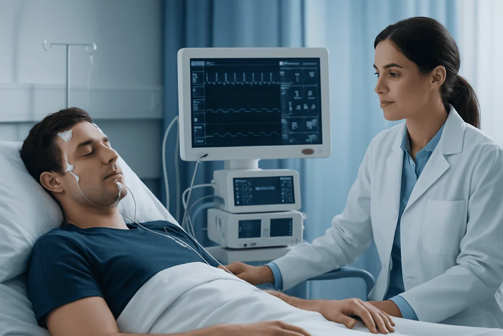 Medical professional monitoring patient with ECG in hospital.