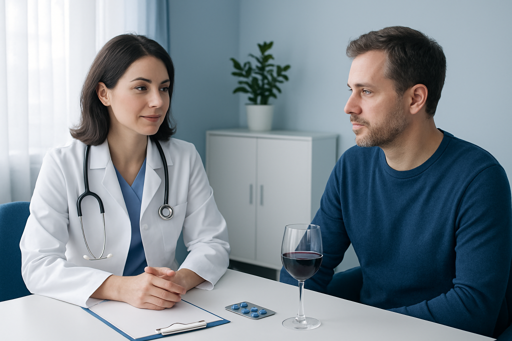 Doctor consulting with male patient in a medical office.