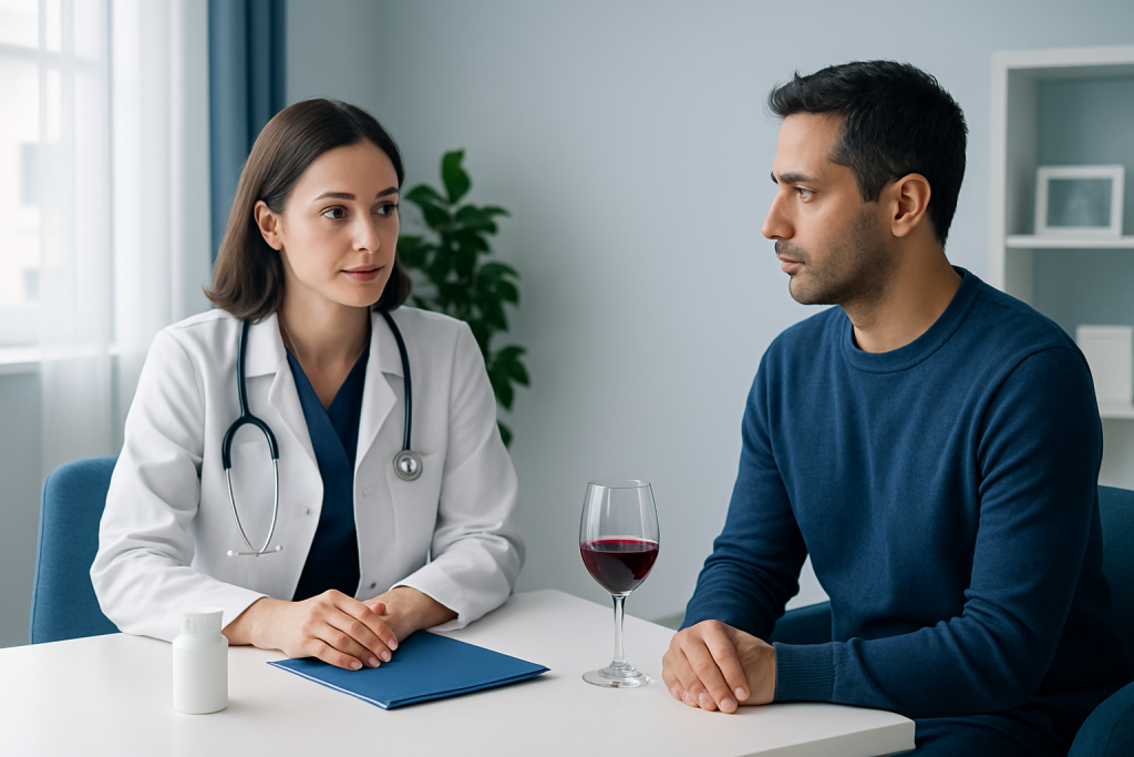 Doctor consulting male patient in a medical office with a glass of wine on the table.