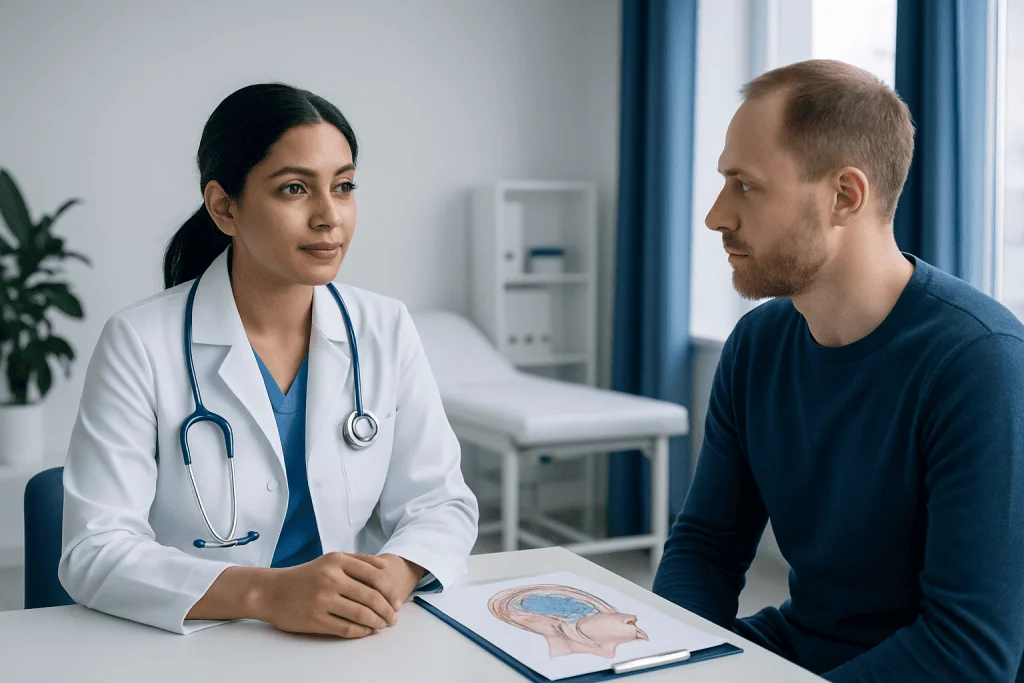 Doctor consulting with patient about brain health and meninges.
