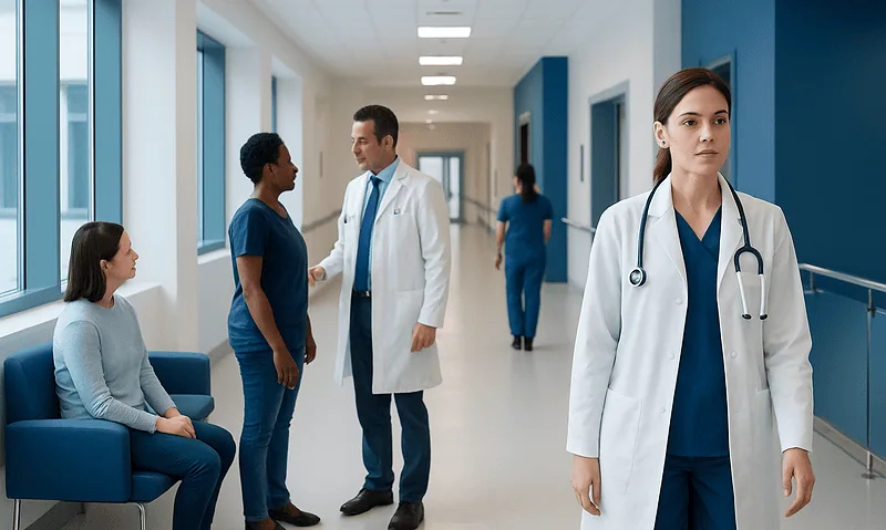 Medical professionals and patients in a hospital corridor.