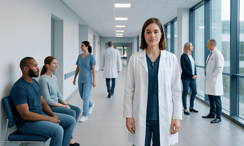 Medical professionals in a hospital corridor with a female doctor in focus.