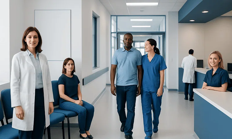 Diverse medical team in hospital corridor with patients and staff.