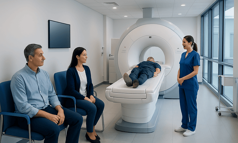 Patient undergoing MRI scan at Acibadem Hospital with medical staff present.