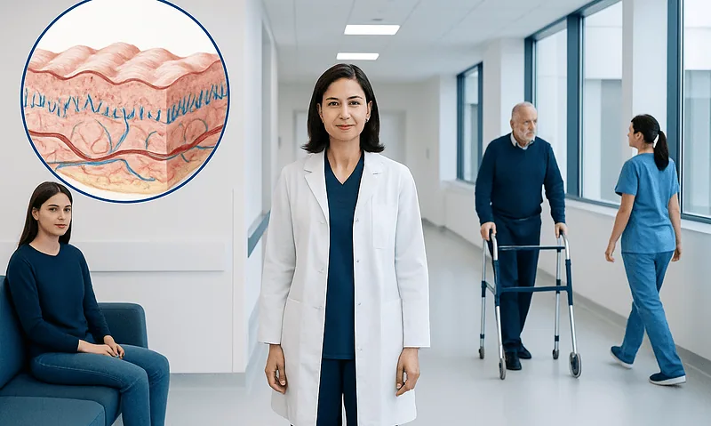 Medical professionals and a patient in a hospital corridor with mucous membrane illustration.