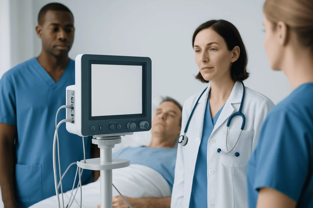 Medical team monitoring stroke patient with advanced equipment in hospital.