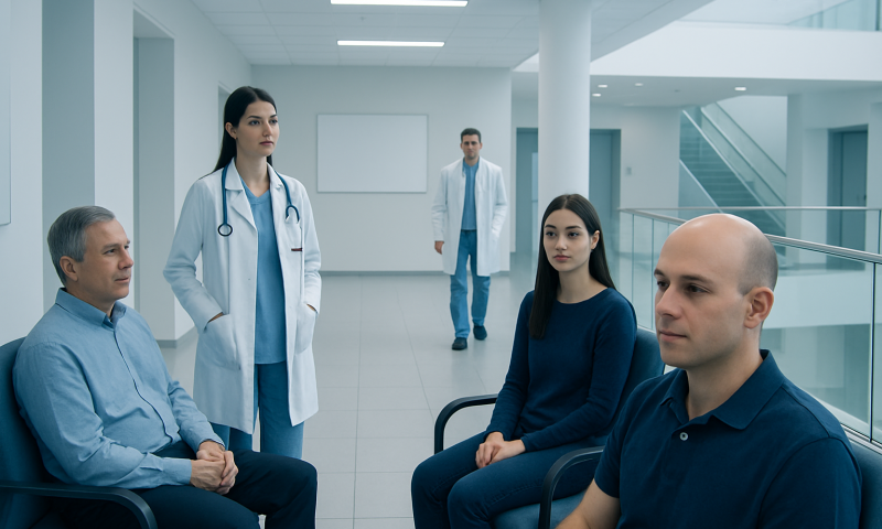 Medical consultation with doctors and patients in a modern hospital setting.