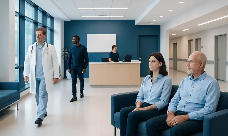 Modern hospital waiting area with patients and medical staff.