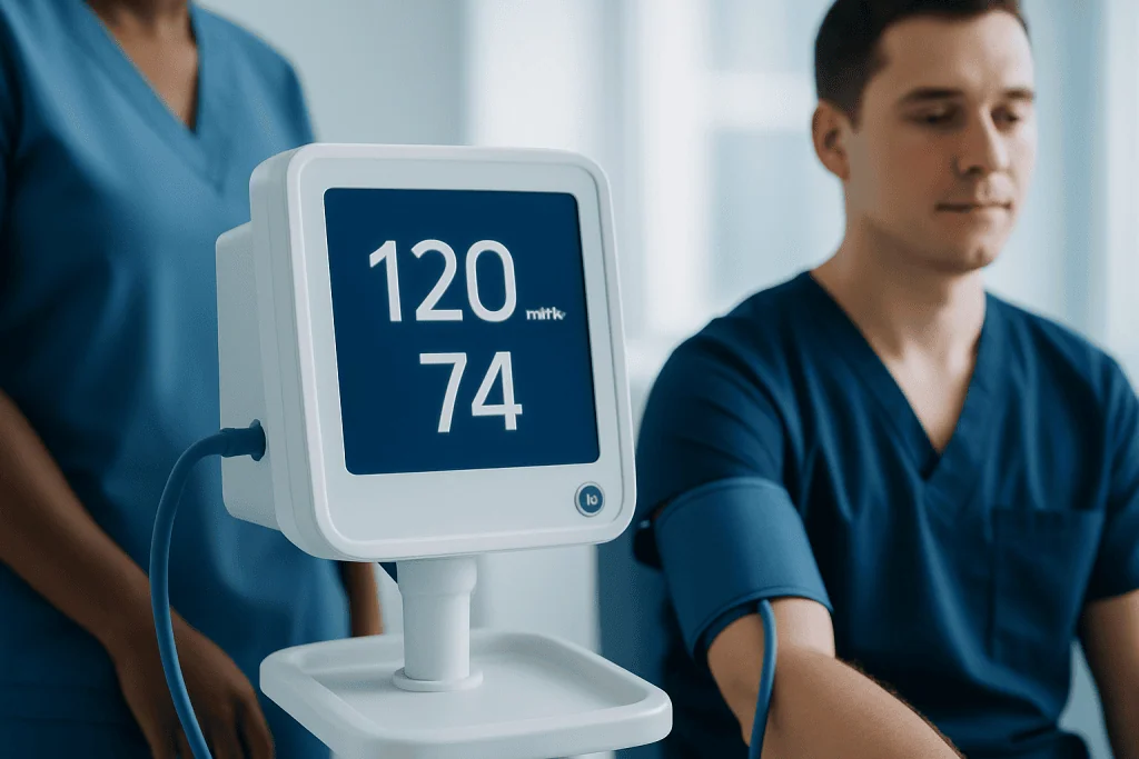 Blood pressure monitor displaying 120/74 reading in a medical setting.