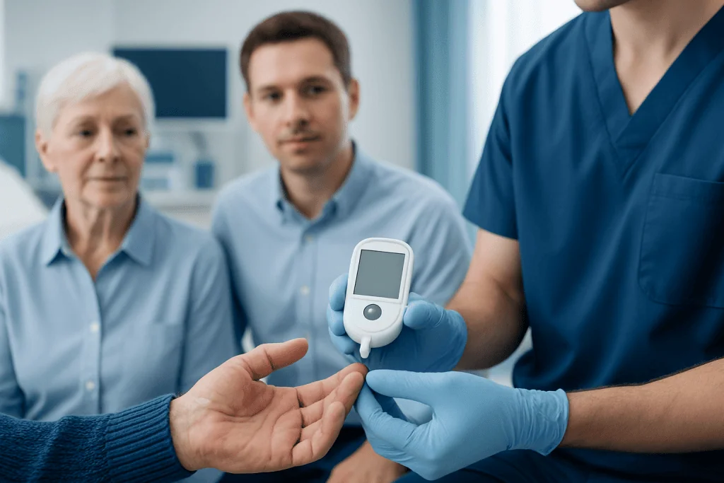 Healthcare professional measuring blood sugar with glucometer for elderly patient.