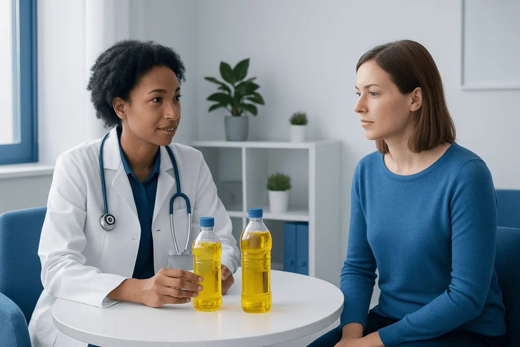 Doctor explaining canola and vegetable oil differences to patient.
