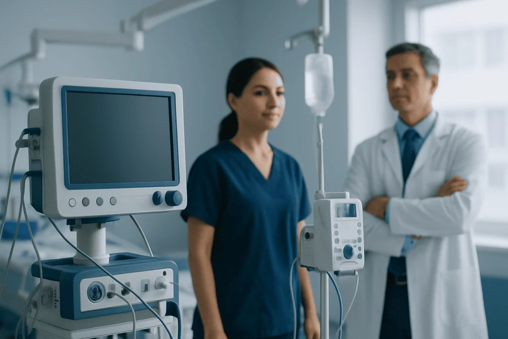 Medical professionals in a hospital room with monitoring equipment and IV drip.
