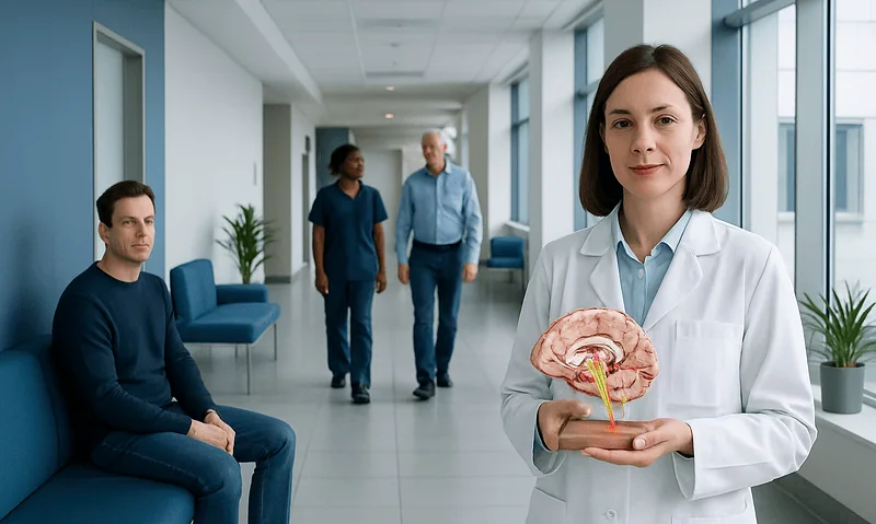 Medical professional holding a brain model in a hospital corridor.
