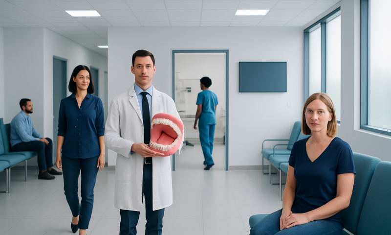 Medical professional holding a model of teeth in a hospital corridor.