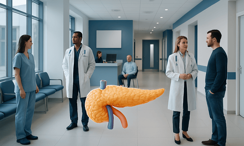 Medical professionals discussing pancreatic health in a hospital corridor.