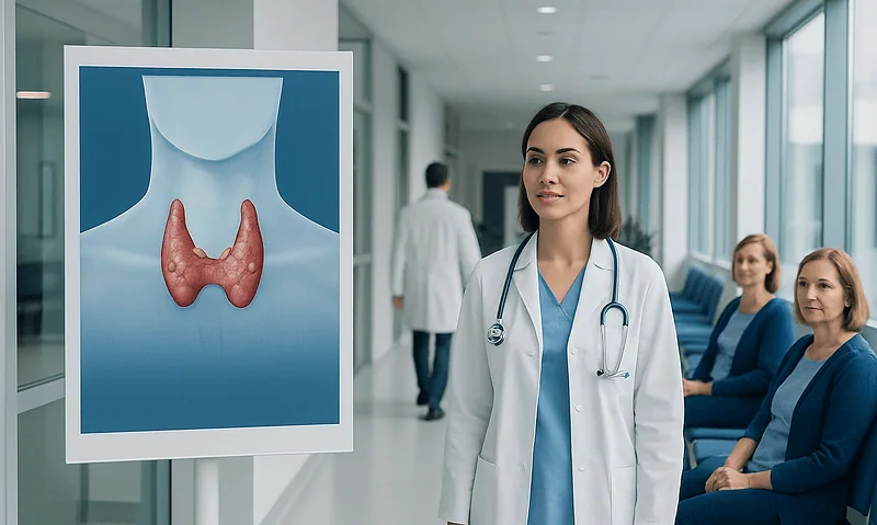 Endocrinologist explaining thyroid and parathyroid glands to patients in hospital.