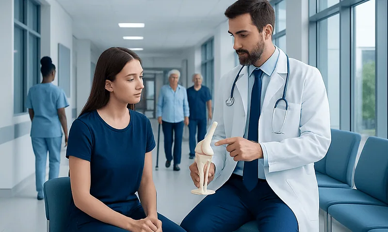 Doctor explaining knee anatomy to a patient in a hospital corridor.