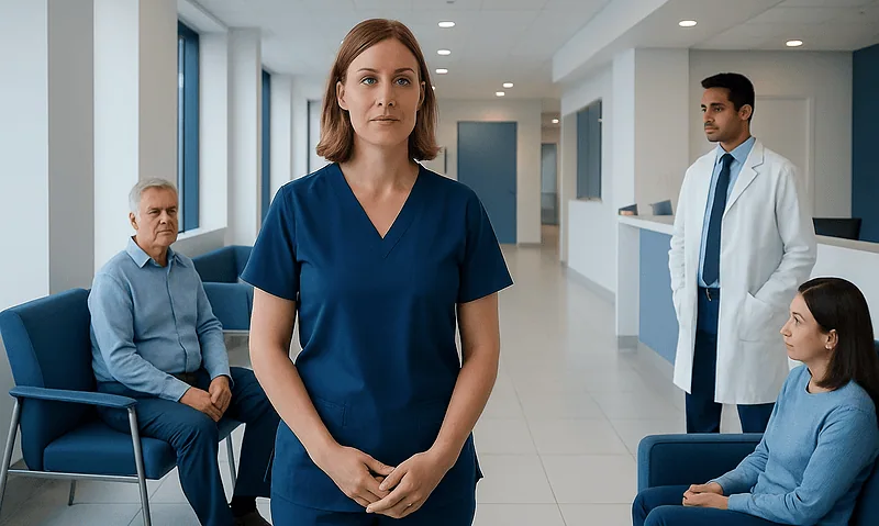 Medical professionals and patients in a hospital waiting area.