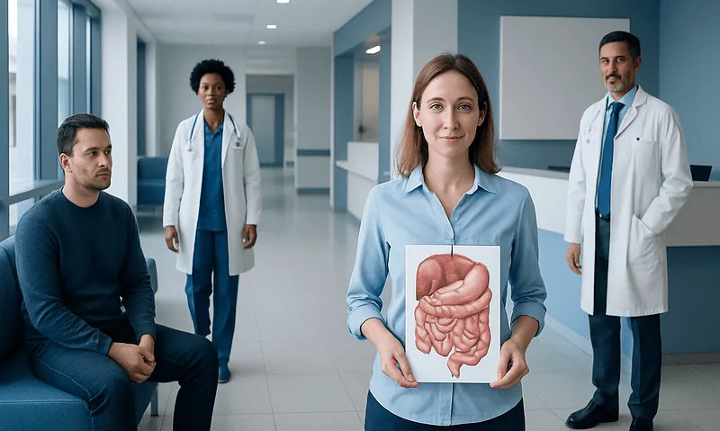 Medical professionals discussing the human digestive system in a hospital corridor.