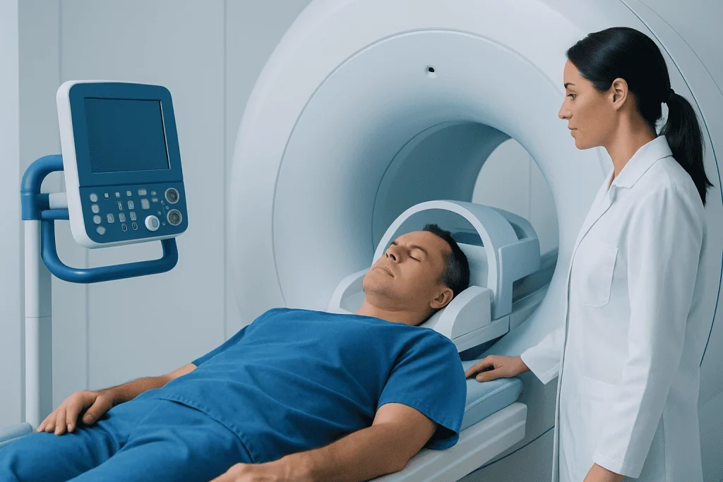 Patient undergoing brain MRI scan at Acibadem Hospital.