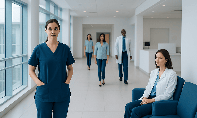 Healthcare professionals in a modern hospital corridor with large windows.