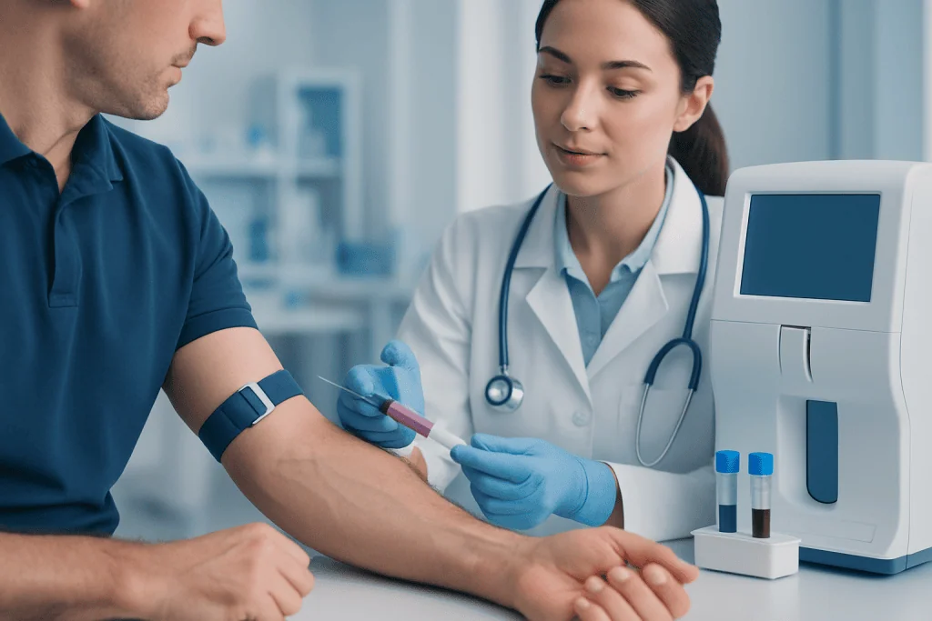 Medical professional drawing blood for potassium test from patient.