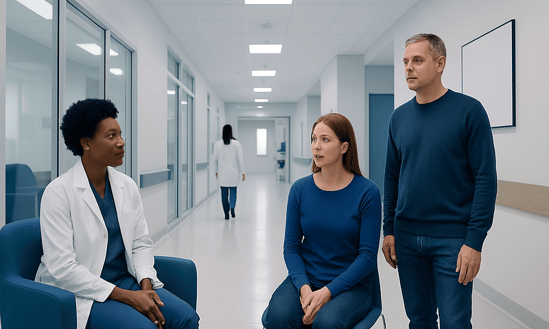 Medical consultation in a hospital corridor with healthcare professionals.