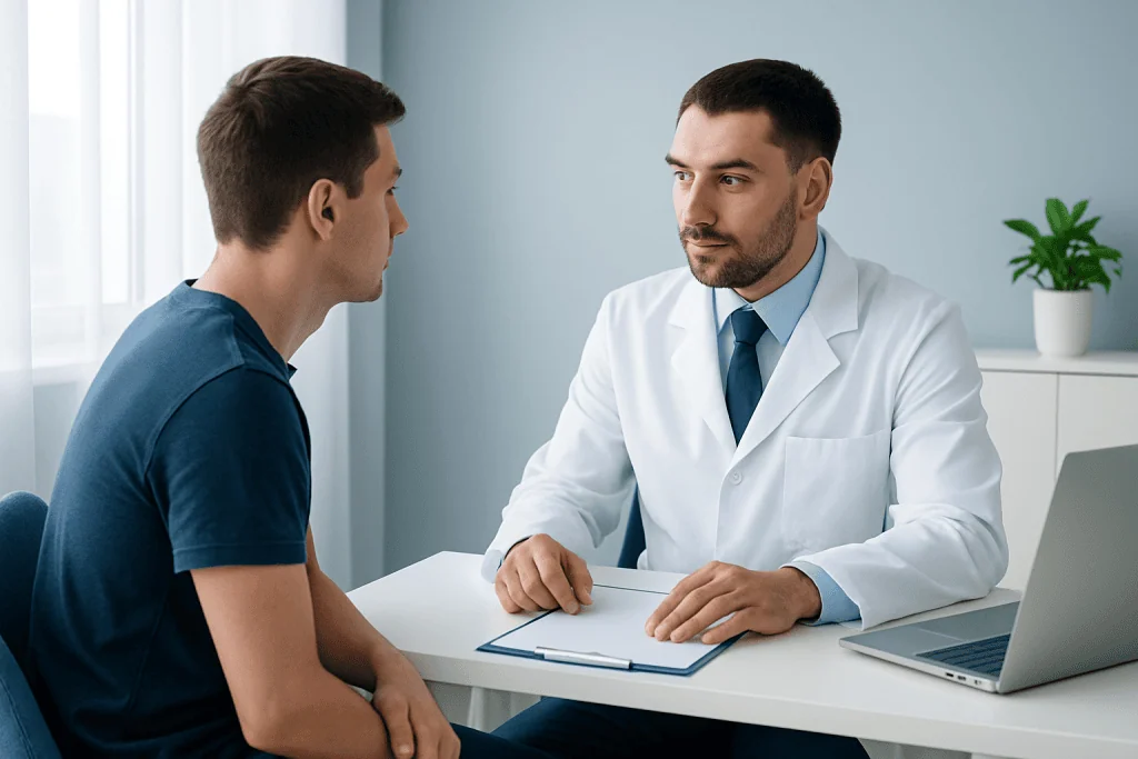 Doctor consulting with a young male patient in a medical office.